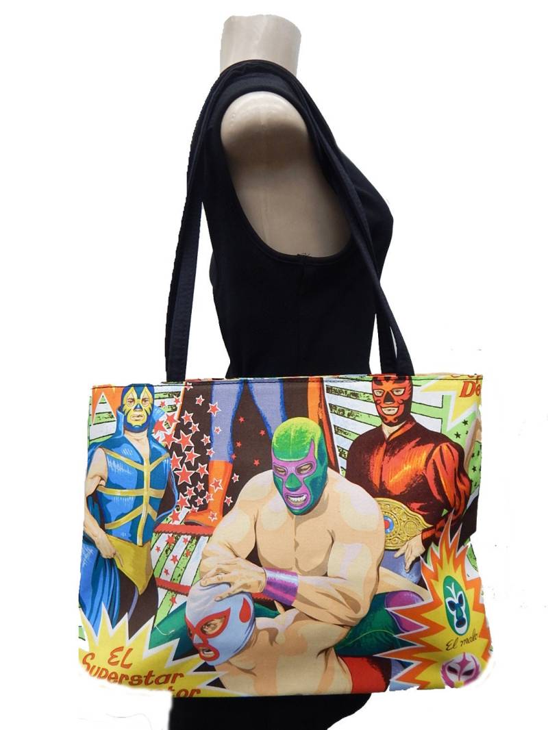 Us Handgemachte Schultertasche Mit "Super Lucha Libre" Muster Geldbörse, Baumwolle, Neu von HandmadeFashion