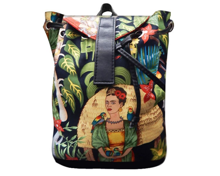 "Us Handmade Grosse Backpack Style Verstellbarer Griff Mit "Frida With Parrots" Muster Geldbörse Handtasche, Baumwoll-Stoff." von HandmadeFashion