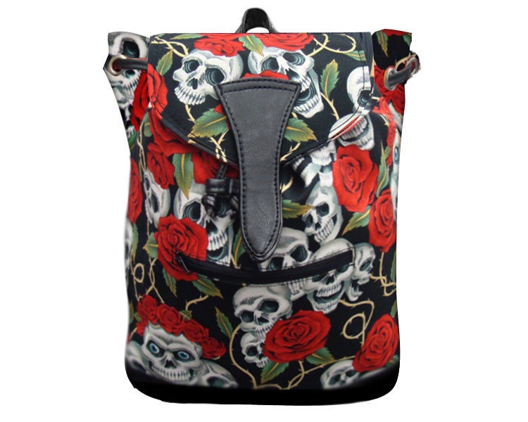 Us Handmade Großer Rucksack Stil Verstellbarer Henkel Mit "Skulls Rose Tattoo" Halloween Gothic Muster Handtasche, Baumwollstoff von HandmadeFashion