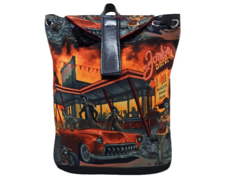Us Handmade Großer Rucksack Stil Verstellbarer Henkel Mit "Zombies Drive-In" Muster Geldbörse Handtasche, Baumwollstoff von HandmadeFashion