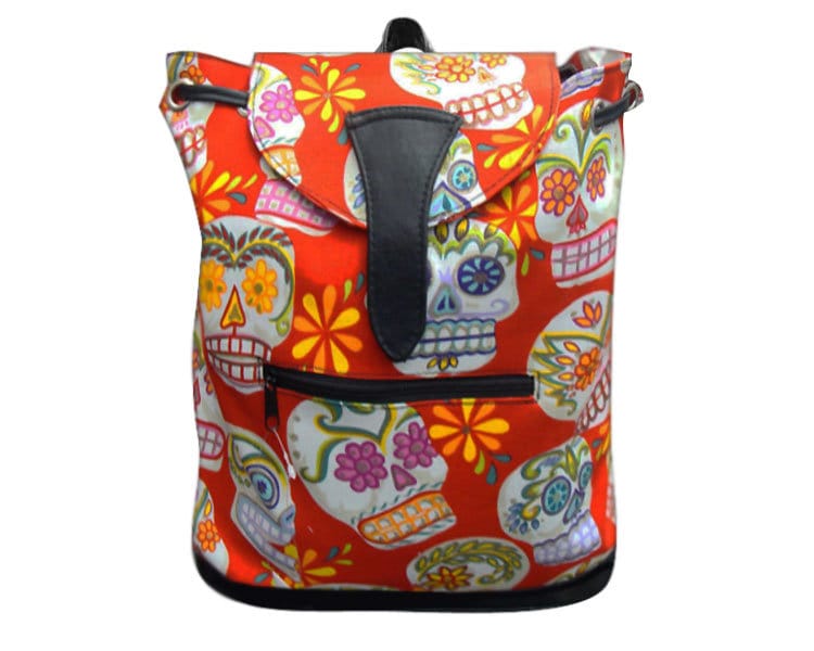 Us Handmade Großer Rucksack Style Verstellbarer Henkel Mit "Sugar Skulls Red" Rockabilly Gothic Muster Handtasche, Baumwollstoff von HandmadeFashion