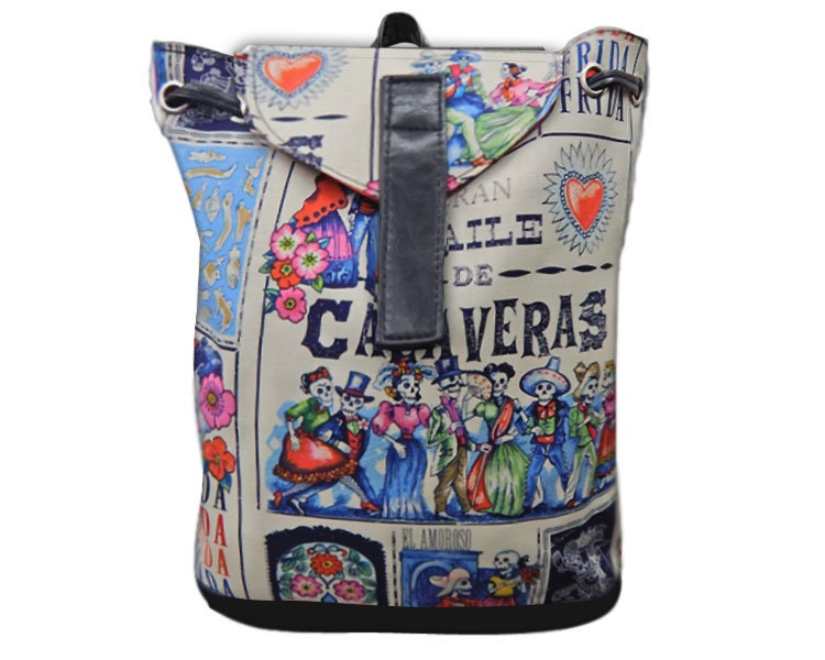 "Us Handmade Grosser Rucksack-stil Verstellbarer Griff Mit "Baile De Calaveras" Muster Handtasche Handtasche, Baumwoll-stoff." von HandmadeFashion