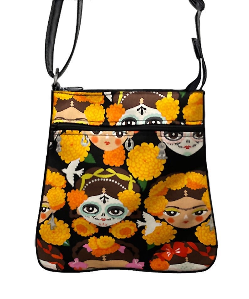 Us Handmade Handtasche Crossover Body Bag Mit "Frida Faces Black" Muster Schultertasche Handtasche, Neu von HandmadeFashion