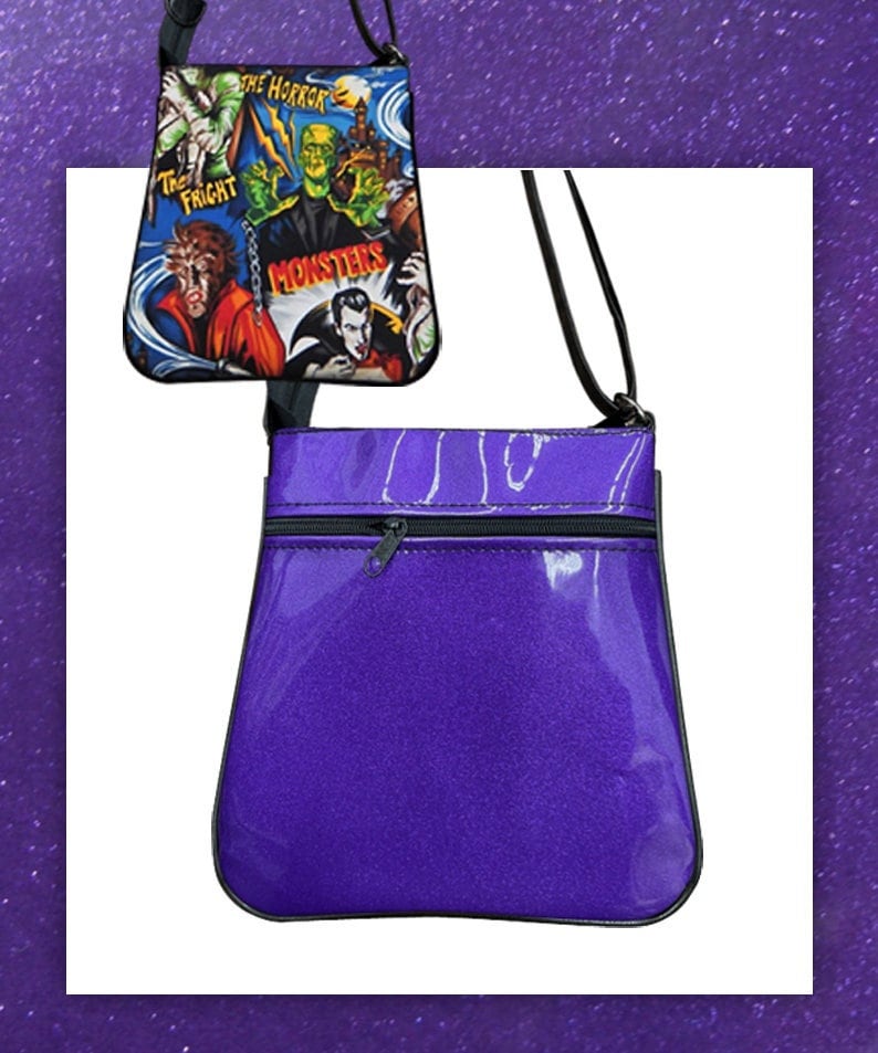 Us Handmade Handtasche Crossover Body Bag Mit "Monster" Glänzend Lila Front Muster Schultertasche Geldbörse, Neu von HandmadeFashion