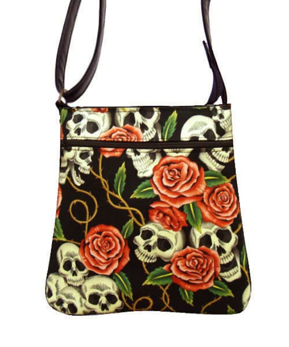 Us Handmade Handtasche Crossover Body Bag Mit "Skulls Pink Roses Tattoo" Skelett Muster Schultertasche Geldbörse, Neu von HandmadeFashion