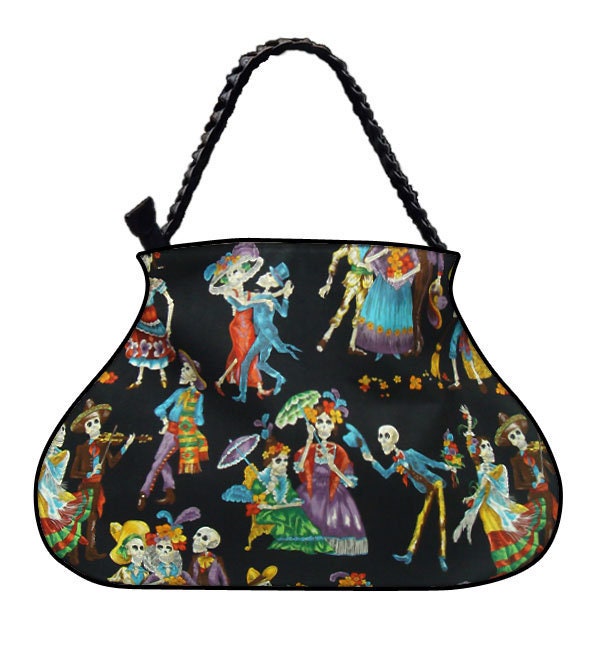 Us Handmade Handtasche Große Arzttasche Mit "Dancing Skulls" Gothic Halloween Muster, Handtasche, Geldbörse, Geflochtener Riemengriff, Neu von HandmadeFashion