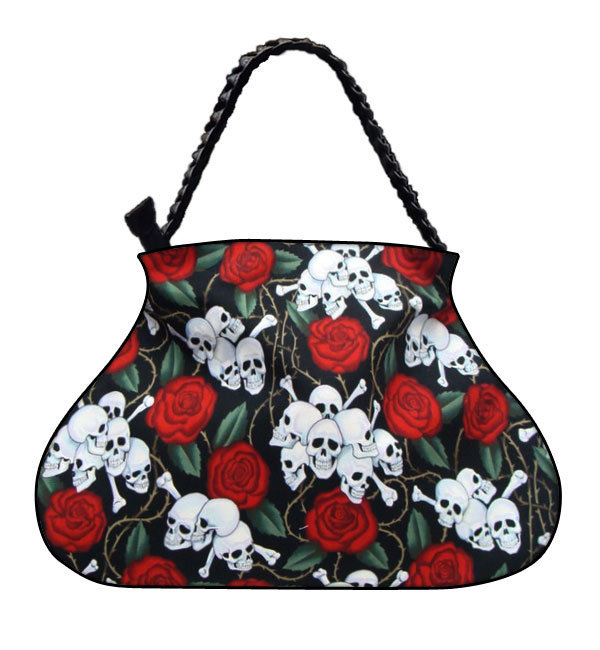 Us Handmade Handtasche Große Arzttasche Mit "Skulls Red Roses" Gothic Halloween Muster, Handtasche, Geldbörse, Geflochtener Riemengriff, Neu von HandmadeFashion