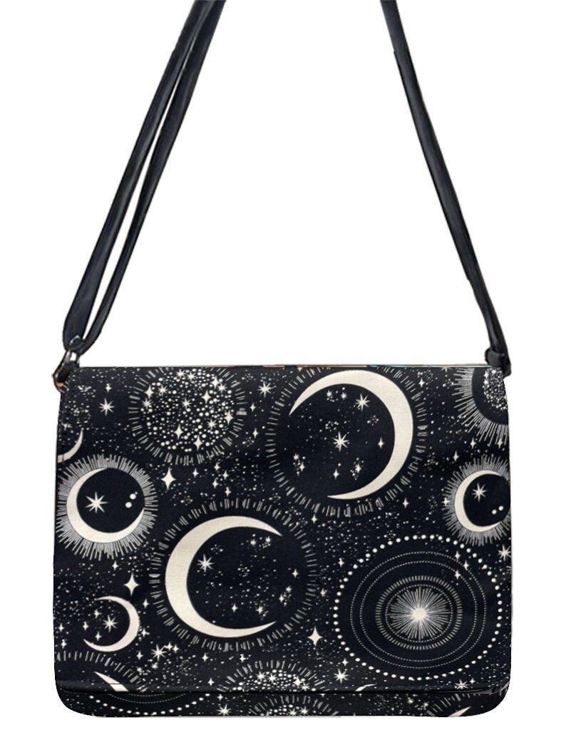 Us Handmade Handtasche Große Laptoptasche Schultertasche Style Mit "Moon & Stars Glow" Stoff Verstellbarem Henkel Baumwolle von HandmadeFashion