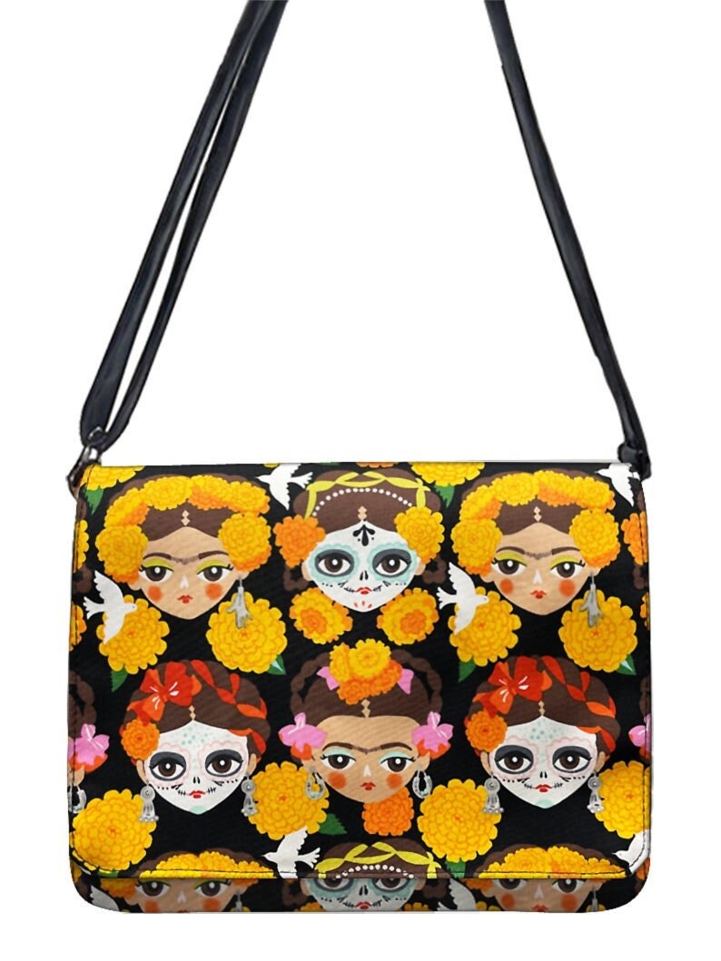 Us Handmade Handtasche Kleine Laptoptasche Schultertasche Style Mit "Frida Faces Black" Stoff Verstellbarem Henkel Baumwolle von HandmadeFashion