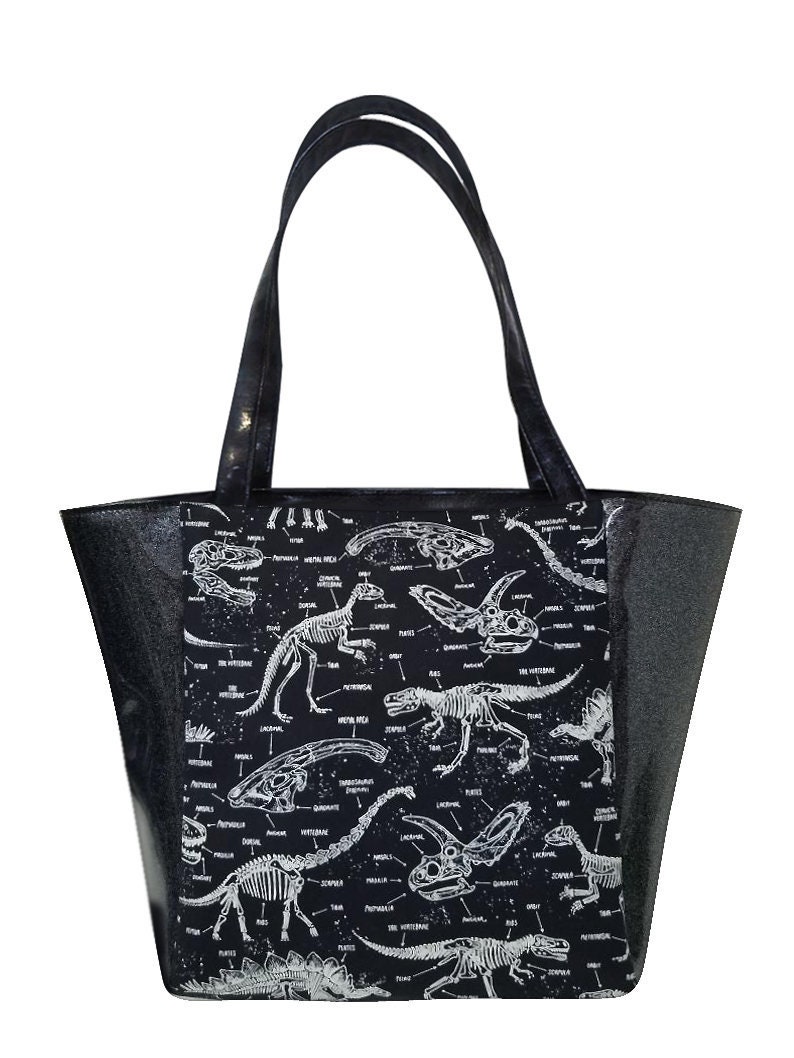 Us Handmade Handtasche Shopping Reise Schultertasche Stil Mit "Dinosaurier Glühen" Glänzend Schwarze Seite Muster Geldbörse, Baumwolle, Neu von HandmadeFashion