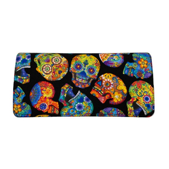 Us Handmade "Sugar Skulls Colorful" Damen Bi-Fold Portemonnaie Baumwollstoff, Neu, Selten von HandmadeFashion