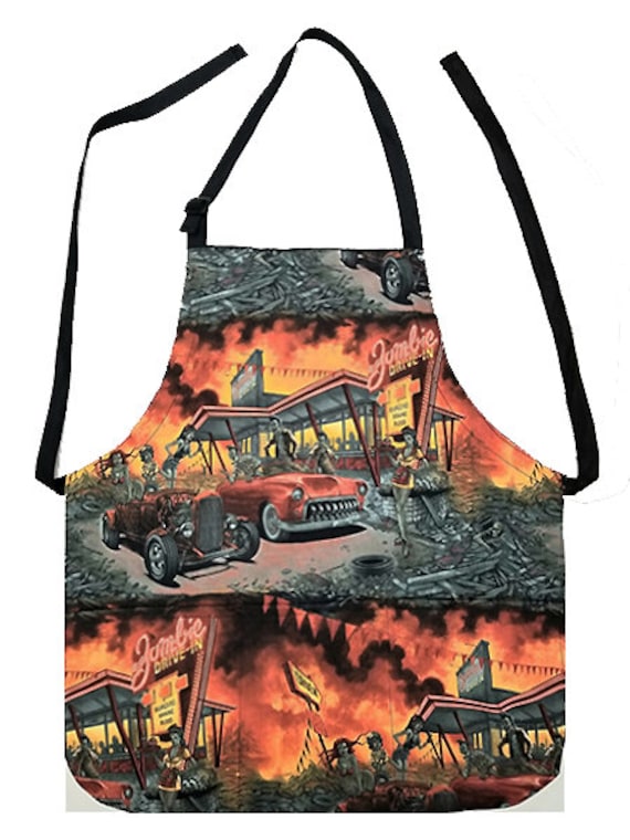 Us Handmade "Zombie Drive-In" Muster, Baumwolle, Wendeschürze, "2 Schürze in 1", Neu von HandmadeFashion