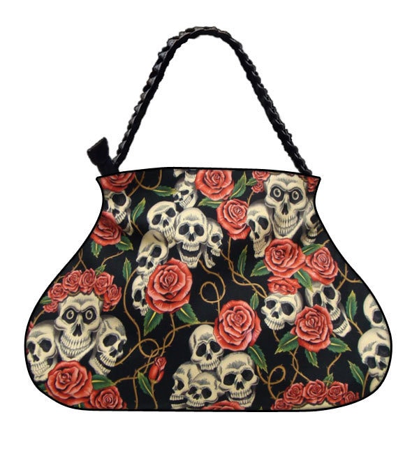 Us Handmadee Handtasche Große Arzttasche Mit "Skulls Pink Rosen" Gothic Halloween Muster, Handtasche, Geldbörse, Geflochtener Riemengriff, Neu von HandmadeFashion