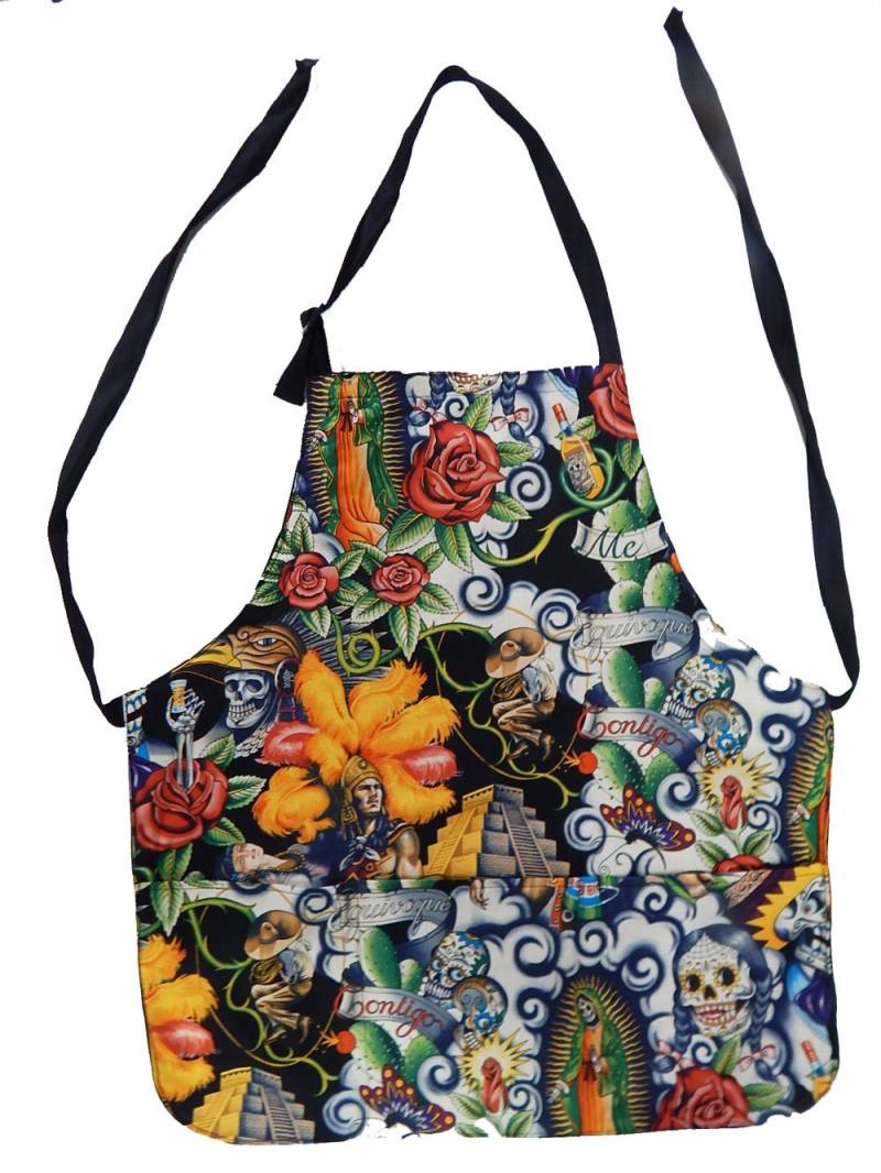 Us Handmande Contigo Aztec Skulls Muster, Baumwolle, Wendeschürze, "2 Schürzen in 1", Schwarze Farbe, Neu von HandmadeFashion