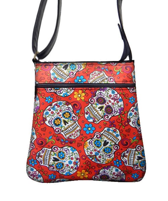 Usa Handgemachte Cross Overbody Tasche "Folkoric Sugar Skulls" Muster Schultertasche Mit Verstellbaren Griffen, Baumwollstoff, Neu von HandmadeFashion