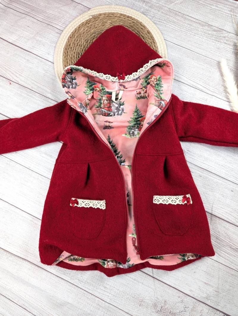 Walkmantel Mädchen Rot - Walkjacke Mit Reißverschluss Wollwalkjacke Gefüttert Rotkäppchen Jacke Mädchen- Größe 80-134 von HandmadeGaragbyStefi