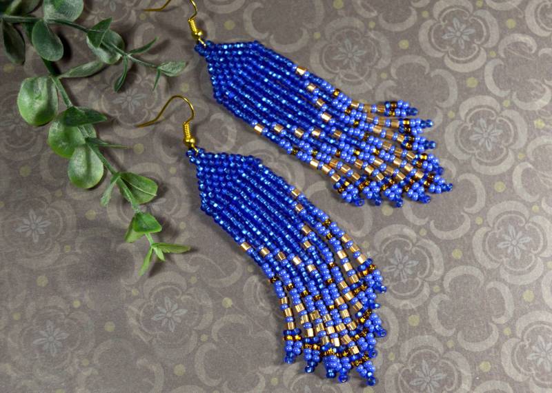 Blau Gold Perlen Ohrringe, Lange Ohrringe von HandmadeGiftsStore