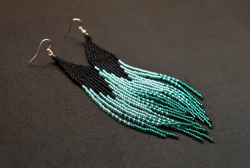 Extra Lange Perlen Fransen Ohrringe Schwarz Türkis Quaste Ohrringe von HandmadeGiftsStore