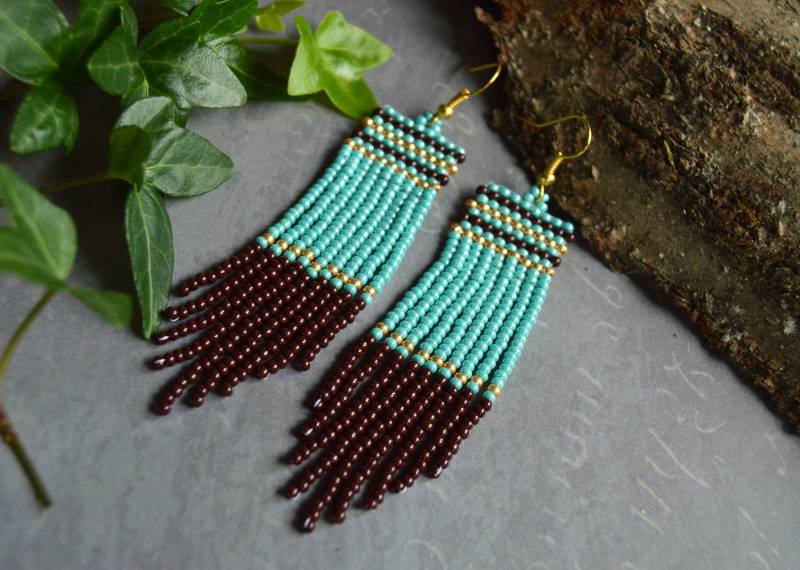 Fransen Türkis Braune Perlen Ohrringe, Lange Saatperlen Ohrringe von HandmadeGiftsStore