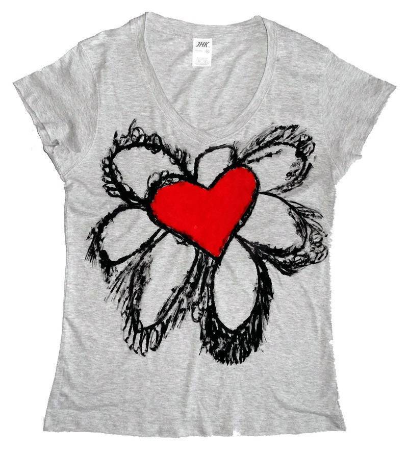 Graues Blumen Melange T-Shirt-Damen Handgemacht Hibiskus T-Shirt-Bemalte T-Shirt-Hand Damen Geschenk Hand von HandmadeRetroTshirts