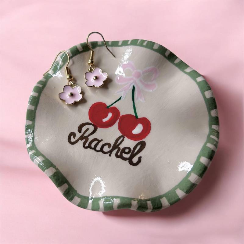 Retro Cherry Trinket Dish Coquette Vanity Decor Personalized Name Ring Custom Made Gift For Her Jewelry Storage Organizer Clay von HandmadebyKeraniShop