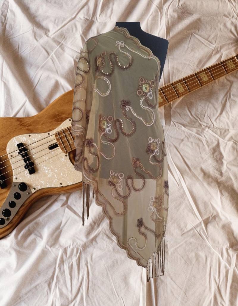 Gold-Bronze Chiffon Tuch, Schal, Nadel Bestickt Pailletten Stola - Vintage von HandmadebyNadya