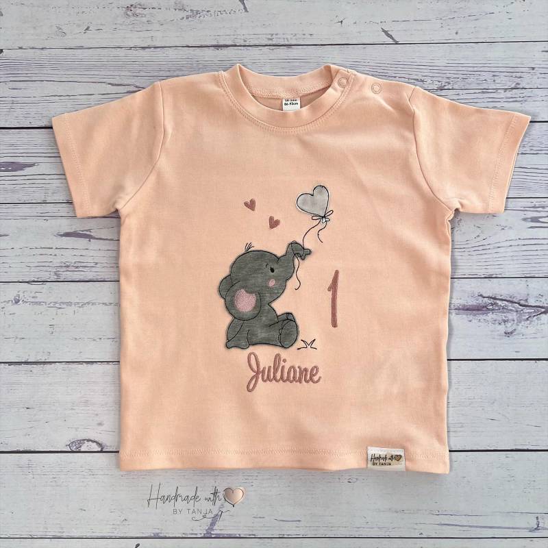 Geburtstagsshirt Mit Elefant & Herzballon I T-Shirt Oder Langarm Zahl Und Namen Bestickt Personalisiertes Shirt Zum 1. Geburtstag von HandmadelovebyTanja