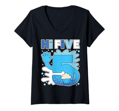 Damen Hi 5 Five Crew Birthday Matching Family Party Blau T-Shirt mit V-Ausschnitt Damen Hi 5 Five Crew Birthday Matching Family Party Blau T-Shirt mit V-Ausschnitt von Handprint Officially Handful 5 Year Old Boy Tee