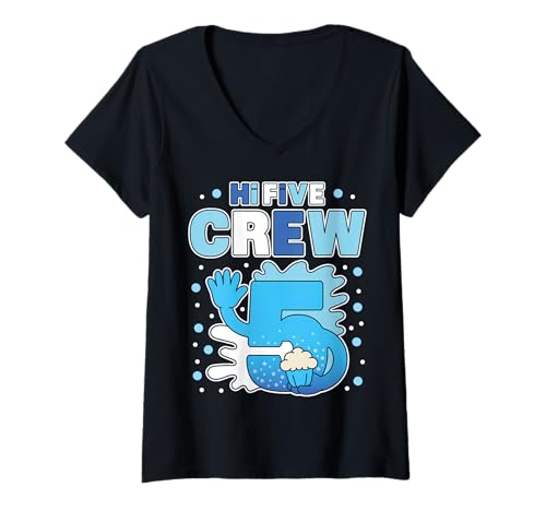 Damen Hi 5 Five Crew Birthday Matching Family Party Handabdruck T-Shirt mit V-Ausschnitt von Handprint Officially Handful 5 Year Old Boy Tee