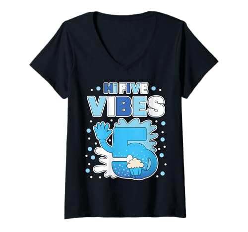 Damen Hi 5 Five Vibes Birthday Matching Family Party Handabdruck T-Shirt mit V-Ausschnitt Damen Hi 5 Five Vibes Birthday Matching Family Party Handabdruck T-Shirt mit V-Ausschnitt von Handprint Officially Handful 5 Year Old Boy Tee