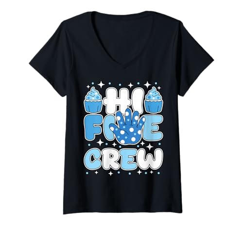 Damen Hi 5 Five Crew Geburtstag passende Familienfeier T-Shirt mit V-Ausschnitt Damen Hi 5 Five Crew Geburtstag passende Familienfeier T-Shirt mit V-Ausschnitt von Handprint Officially a Handful 5 Year Old Boy Tee