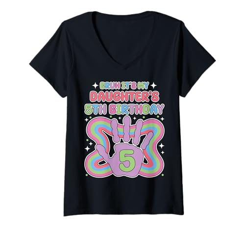 Damen Bruh, It's My Daughter's 5th Birthday Party Mom Dad Mama T-Shirt mit V-Ausschnitt Damen Bruh, It's My Daughter's 5th Birthday Party Mom Dad Mama T-Shirt mit V-Ausschnitt von Handprint Pastel Design 5 Year Old Kid Tee