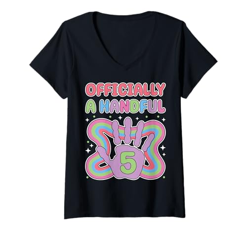 Damen Offiziell eine handvolle Familienfeier zum 5. Geburtstag T-Shirt mit V-Ausschnitt von Handprint Pastel Design 5 Year Old Kid Tee