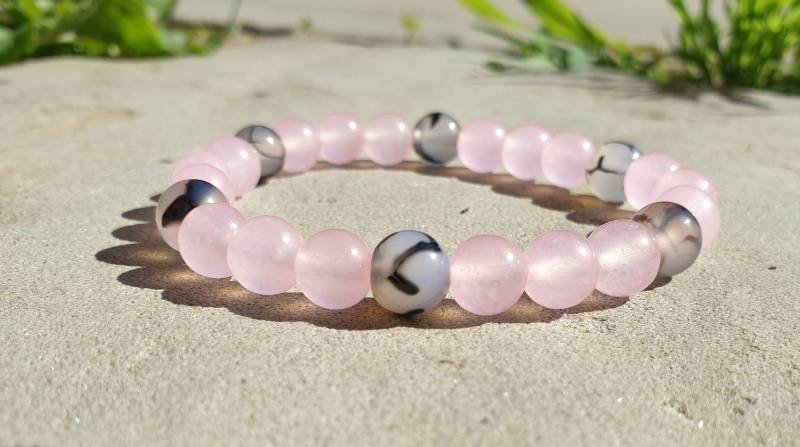 Graues Und Rosa Naturstein Armband Rosenquarz Perlen Rosa, Achat Drachen Venen Grau Schwarz, Edelstein Armband, Stretch Armband Graues Und Rosa Naturstein Armband Rosenquarz Perlen Rosa, Achat Drachen Venen Grau Schwarz, Edelstein Armband, Stretch Armband von HandraJewellery
