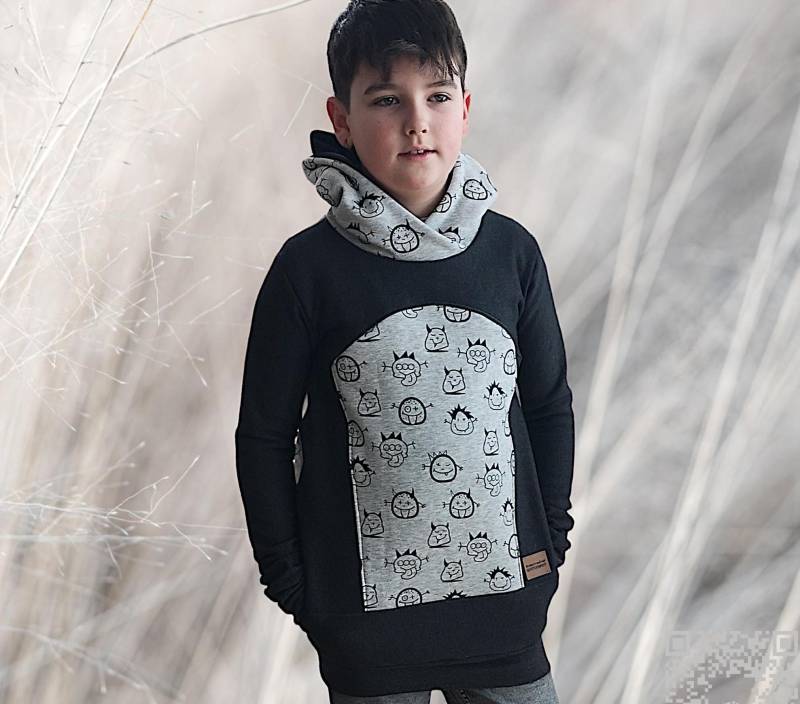 Sweatshirt Hoodie Kinder 158 Monster Blau-Grau Kapuzenpullover Aus Wintersweat Kuschelsweat Alpenfleece Kinderkleidung Handmade Unikat von Handundherzgemachtes
