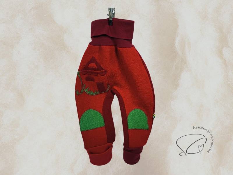Wollwalk-Hose Kinder 86/92 Rot-Grün Knieschutz Mitwachshose 100% Wolle, Atmungsaktiv, Wärmereguliernd Kinderkleidung Handmade Unikat von Handundherzgemachtes