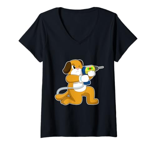 Damen Hund Handwerker Bohrmaschine Handwerk T-Shirt mit V-Ausschnitt Damen Hund Handwerker Bohrmaschine Handwerk T-Shirt mit V-Ausschnitt von Handwerker Handwerk