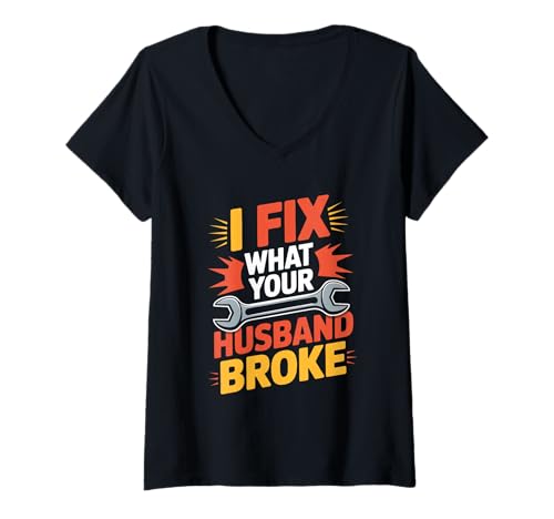 Damen Ich Repariere was Dein Mann Kaputt Gemacht Hat T-Shirt mit V-Ausschnitt Damen Ich Repariere was Dein Mann Kaputt Gemacht Hat T-Shirt mit V-Ausschnitt von Handwerkerin Reparatur Humor Werkzeug Spruch