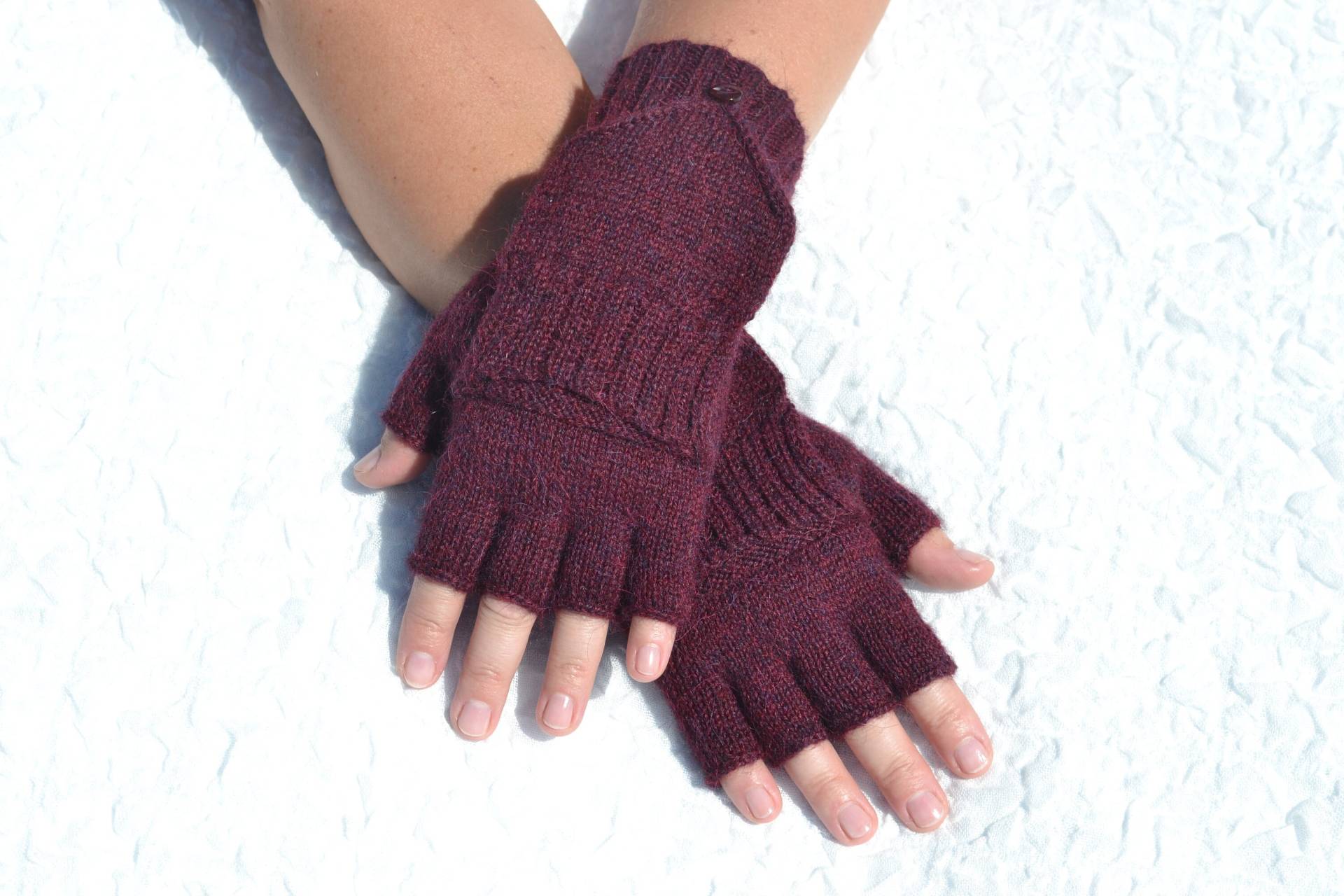 Dunkelrote/Burgunderrote Handschuhe, Alpaka Handgestrickte Halbfinger Konvertierbar, Handschuhe von HandyDuo