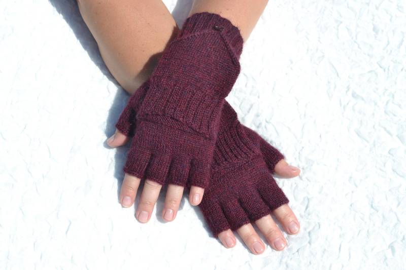 Dunkelrote/Burgunderrote Handschuhe, Alpaka Handgestrickte Halbfinger Konvertierbar, Handschuhe von HandyDuo