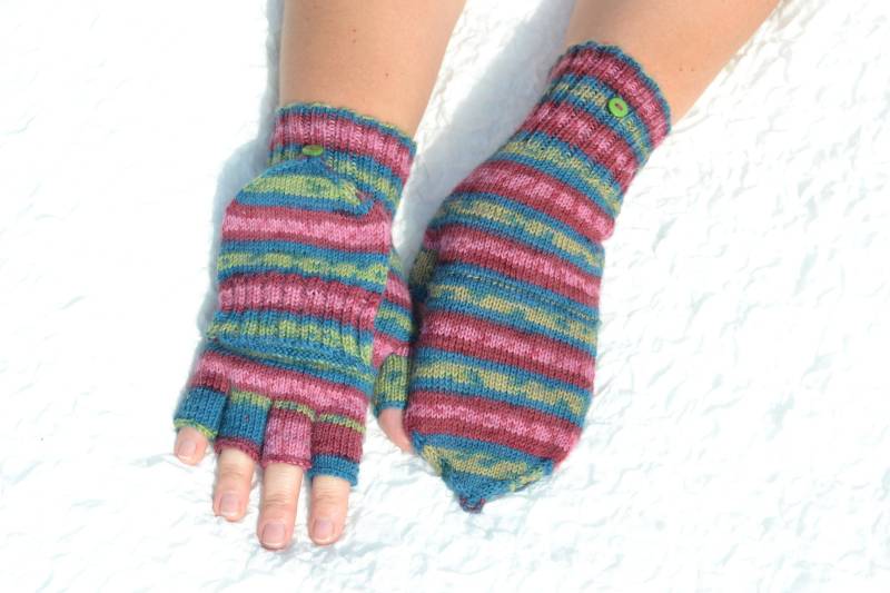 Hand Gestrickte Bunte Halbe Fingerhandschuhe Konvertierbar Zu Fäustlinge, Handgemachte Handschuhe, Wollmischung Flip-Top-Fäustlinge, Winter von HandyDuo