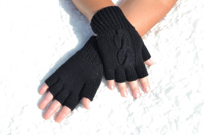 Schwarze Halbe Fingerhandschuhe, Handgestrickte Schwarze Handschuhe, Gestrickte Winterwolle Und Kaschmirhandschuhe, Strick Damen Armstulpen von HandyDuo