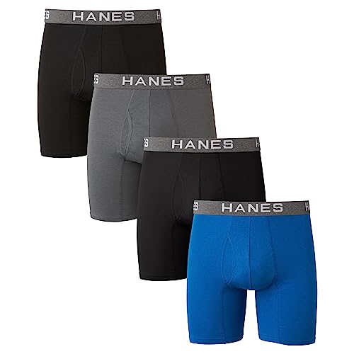 Hanes Ultimate Herren Comfort Flex Fit Boxershorts, ultraweiche Baumwoll-Modal-Mischung, Unterwäsche, 4er-Pack Retroshorts, Schwarz/Grau/Blau, 4 Stück, Large von Hanes Ultimate