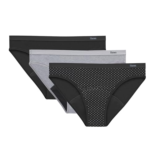 Hanes Damen Komfort, Super Leaks Postpartum & Periode 3er Pack Unterwäsche im Bikini-Stil, Schwarz/Beton Heather/Schwarz, S von Hanes