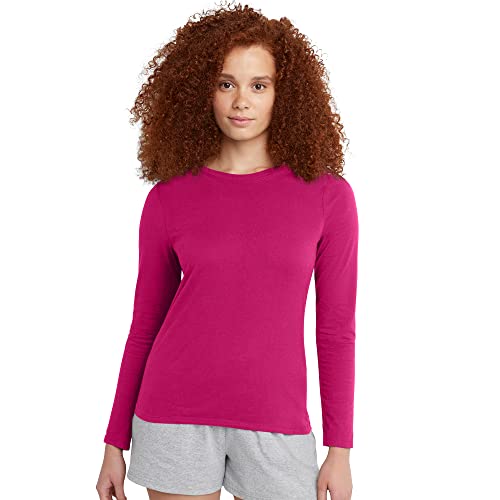 Hanes Damen Originals Langarm Baumwolle, Leichtes T-Shirt mit Rundhalsausschnitt, Moderne Passform Hemd, Sizzling Pink, Mittel von Hanes