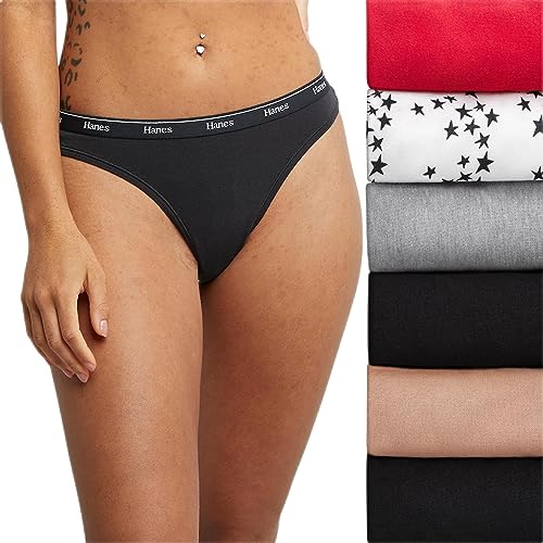 Hanes Damen Originals Thong Panties, Breathable Stretch Cotton Underwear, Assorted, 6-Pack Tangahöschen, Basic Color Mix, S (6er Pack) von Hanes