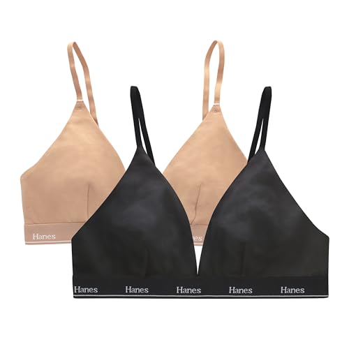 Hanes Damen Originals Triangel-BHS aus Atmungsaktiver Stretch-Baumwolle, 2er-Pack BH, Undurchsichtige, Schwarz/Deep Glow, X-Small von Hanes