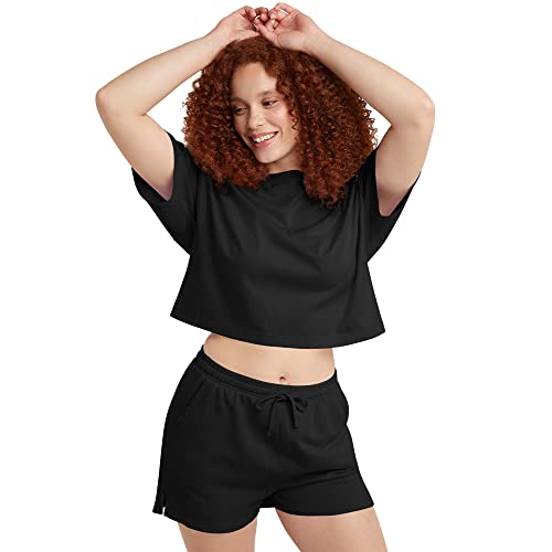 Hanes Damen Originals kurzärmliges Cropped, 100% Baumwolle, Boxy Fit T-Shirt, Schwarz, Groß von Hanes