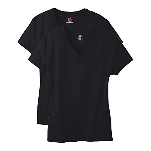 Hanes Damen Perfect V-Ausschnitt, Baumwolle, Kurzärmelig, 1er Oder 2er-Pack T-Shirt, Schwarz 1, XX-Large von Hanes