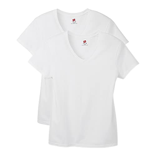Hanes Damen Perfect V-Ausschnitt, Baumwolle, Kurzärmelig, 1er Oder 2er-Pack T-Shirt, Weiß – 2 Stück, XX-Large von Hanes